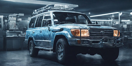 Side view of an old blue suv car in a garage.の素材