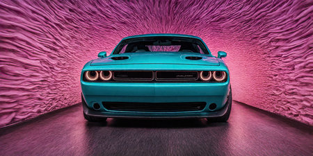 Vintage blue car on a purple wall background. 3d renderingの素材