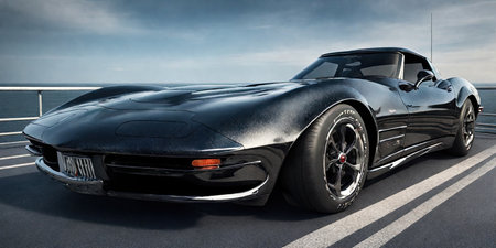 Black sport car on the pier. 3D render. Conceptual image.の素材