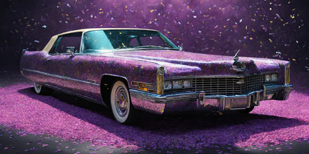 Purple vintage car with confetti on the ground. 3d renderingの素材