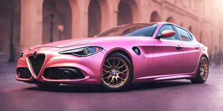 3D rendering of a brand-less generic concept car in the cityの素材