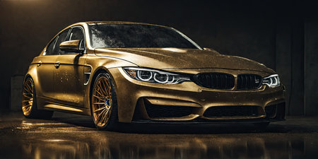 Gold luxury car on the dark background. 3d rendering illustration.の素材
