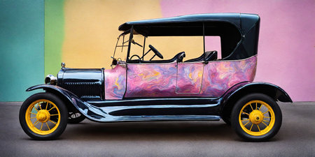 Vintage car on the background of a colored wall, close-upの素材