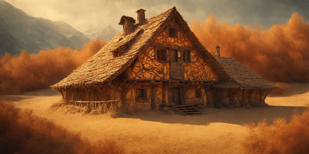 Old wooden cottage in the meadow. 3D render illustration.の素材