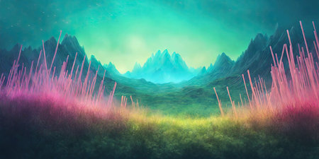 Fantasy alien planet. Mountain and meadow. 3D illustrationの素材