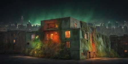 Aurora borealis over old city. 3D rendering.の素材