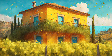 Colorful painting of a house in Tuscany, Italy.の素材