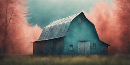 Foggy autumn landscape with old wooden barn. 3D renderingの素材