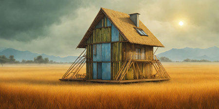 Wooden hut in the rice field, 3d rendering. Computer digital drawing.の素材