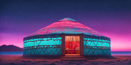 Yurt on the beach at night in Baku, Azerbaijan.の素材