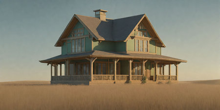 3D rendering of a house in the middle of the meadowの素材