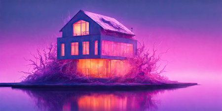 Fantasy house on the lake at night. 3d illustration.の素材