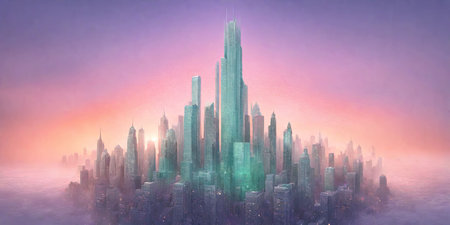 3D illustration of a futuristic city in the fog at sunset.の素材
