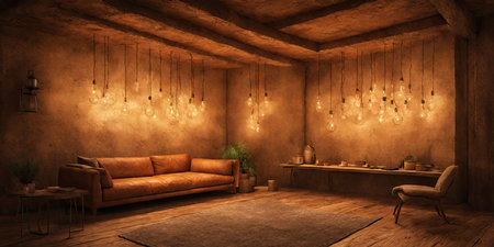 Interior of a vintage room with brown leather sofa 3D renderingの素材