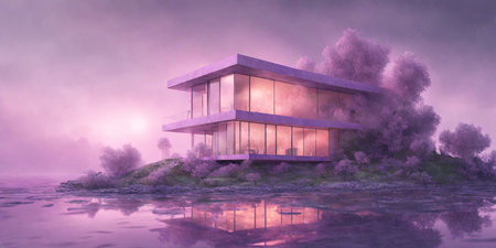 Modern house on the lake in the mist. 3D rendering.の素材