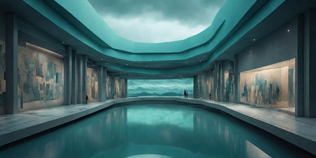 Futuristic interior 3D rendering of a futuristic room with a poolの素材