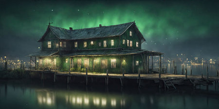 Aurora borealis over a wooden house on the water.の素材
