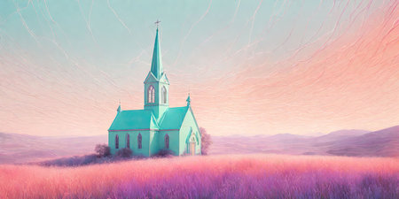 Church in the meadow at sunrise. 3d rendering. Computer digital drawing.の素材