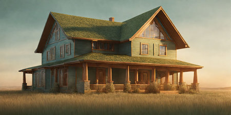 3D rendering of a country house in a field at sunset.の素材