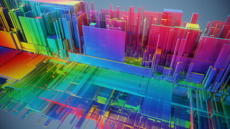 abstract 3d illustration of colorful glass skyscrapers on grey background