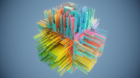 Abstract 3d rendering of chaotic multicolored shapes. Futuristic background design.