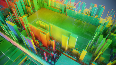 abstract 3d illustration of skyscrapers in green and yellowの写真素材