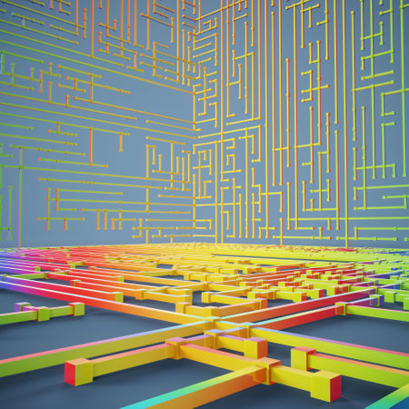 abstract 3d rendering of a maze with multicolored linesの写真素材