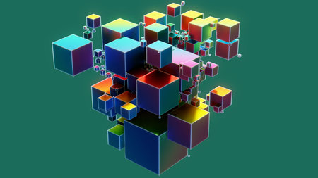 abstract 3d rendering of colorful cubes in a chaotic structure on a green backgroundの写真素材