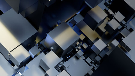 Abstract 3d rendering of chaotic geometric shapes. Futuristic background with glowing cubes.の写真素材