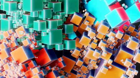 Abstract 3d rendering of chaotic colorful geometric shapes. Futuristic background design.の写真素材