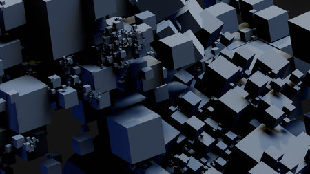 Abstract 3d rendering of chaotic geometric shapes. Reflective surface with black cubes. Futuristic background with blue cubes.の写真素材