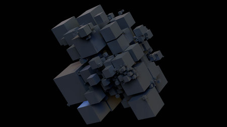 Abstract 3d rendering of chaotic geometric shapes. Cubes in empty space. Reflective surface.の写真素材