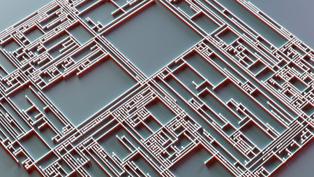 Abstract 3d rendering of chaotic geometric composition. Bended lines and rectangles. Reflective surface.の写真素材