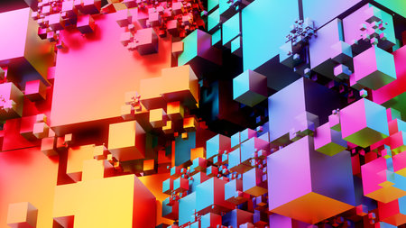 Abstract 3d rendering of chaotic colorful cubes. Futuristic background.の写真素材