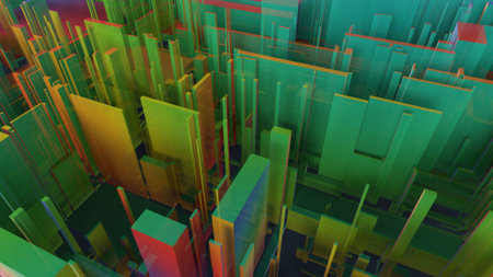 abstract 3d illustration of colorful skyscrapers in the cityの写真素材