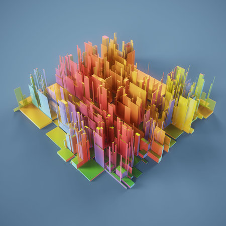 3d render of abstract city with colorful buildings on blue background.の写真素材