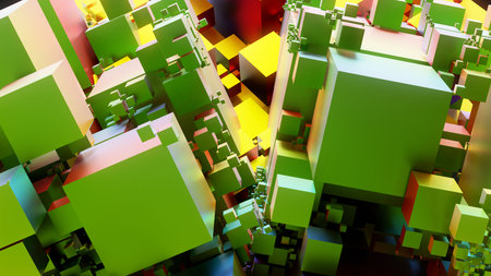 Abstract 3d rendering of chaotic geometric shapes. Colorful background with cubes. Futuristic design.の写真素材