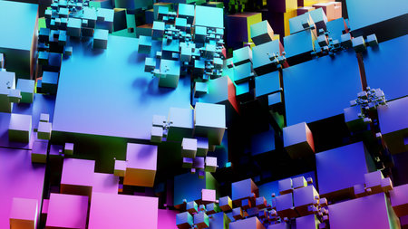 Abstract 3d rendering of chaotic geometric shapes. Colorful background with glowing cubes. Futuristic design.の写真素材