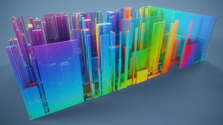 3d illustration of abstract background with colorful glass skyscrapers.の写真素材