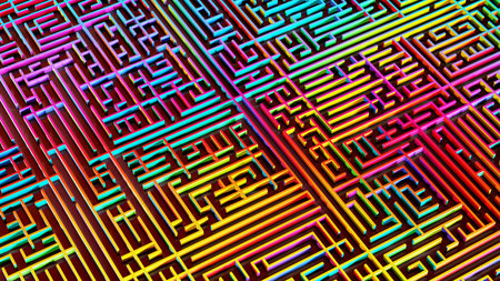 Abstract 3d illustration of maze with glowing lines in the center.の写真素材