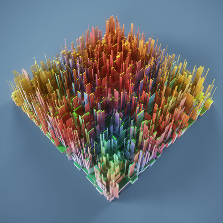 Abstract 3d rendering of chaotic colorful skyscrapers in space.の写真素材