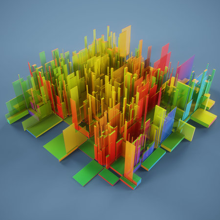 Abstract 3d render of cityscape with colorful buildings on blue backgroundの写真素材