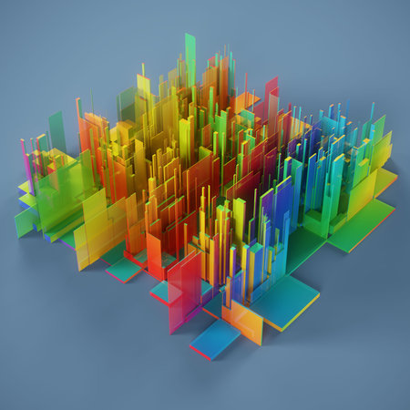 3d render of abstract background with colorful skyscrapers in perspectiveの写真素材