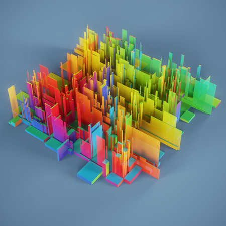 abstract 3d illustration of colorful skyscrapers on blue backgroundの写真素材