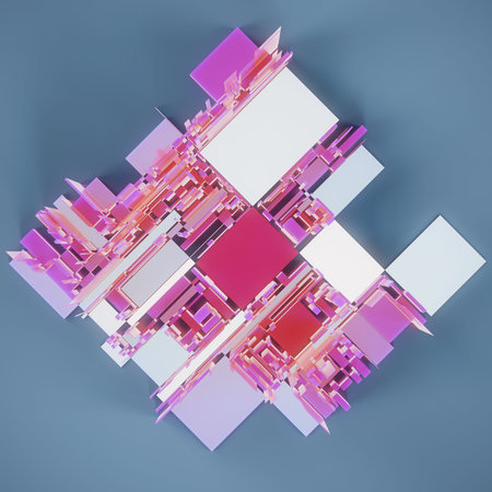 3d rendering of abstract geometric composition with cubes in pastel colorsの写真素材
