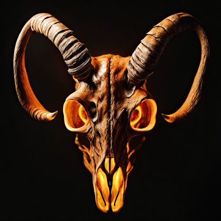 Skull of goat with horns on black background. 3d illustrationの素材