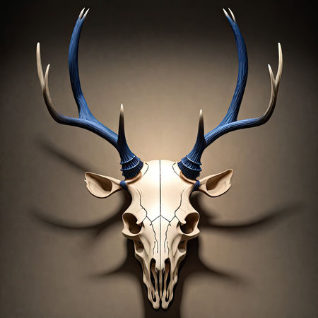 Skull of deer with antlers on dark background. 3D renderingの素材