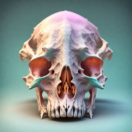 3d rendering of a human skull with an open mouth on a blue backgroundの素材