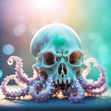 Human skull with octopus tentacles on bokeh background. Halloween conceptの素材