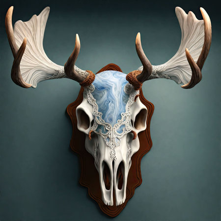 Skull of deer with antlers on dark blue background. Vector illustration.の素材